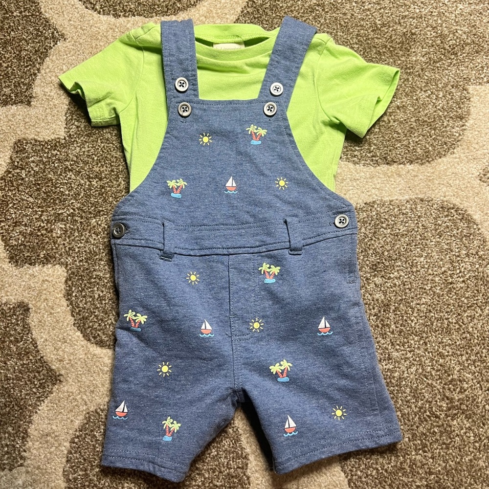 Baby boy blue knit short overalls with sailboats palm trees size 6 - 9 months